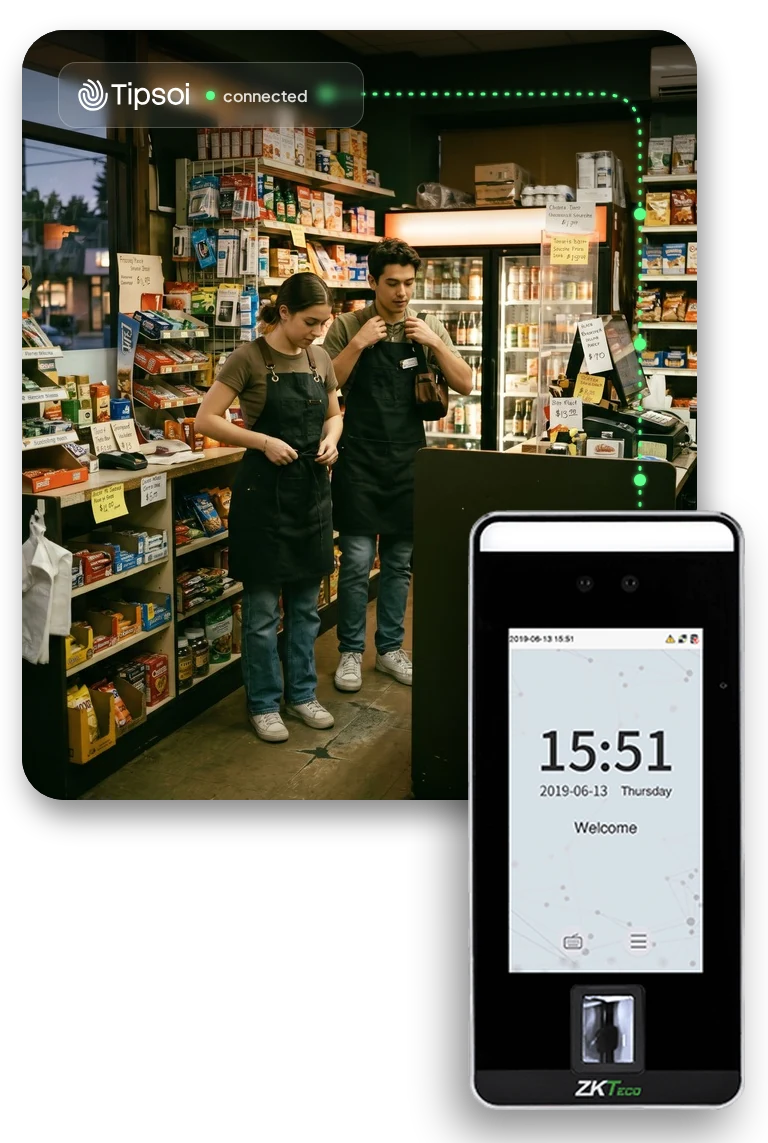 ZKTeco face terminal connected to Tipsoi